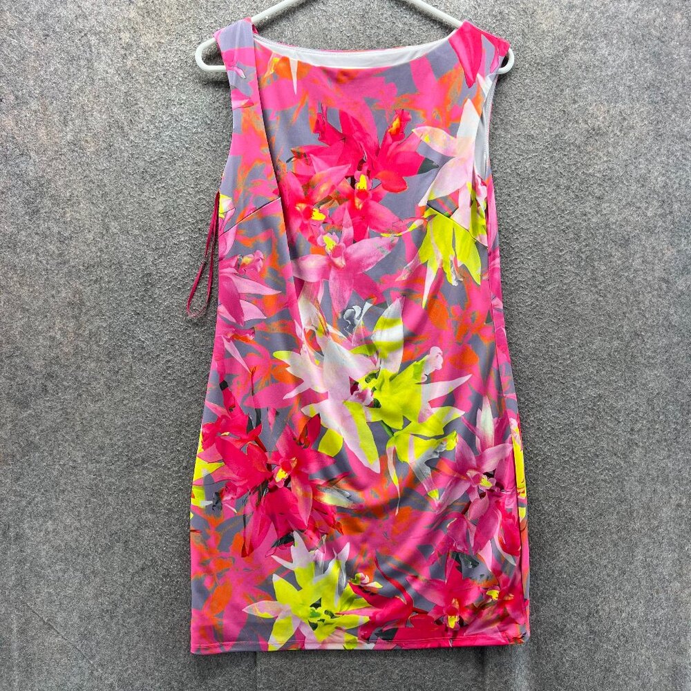 Trina Turk Floral Sheath Dress Women Medium Pink Gray Yellow Tropical Print - Picture 1 of 9